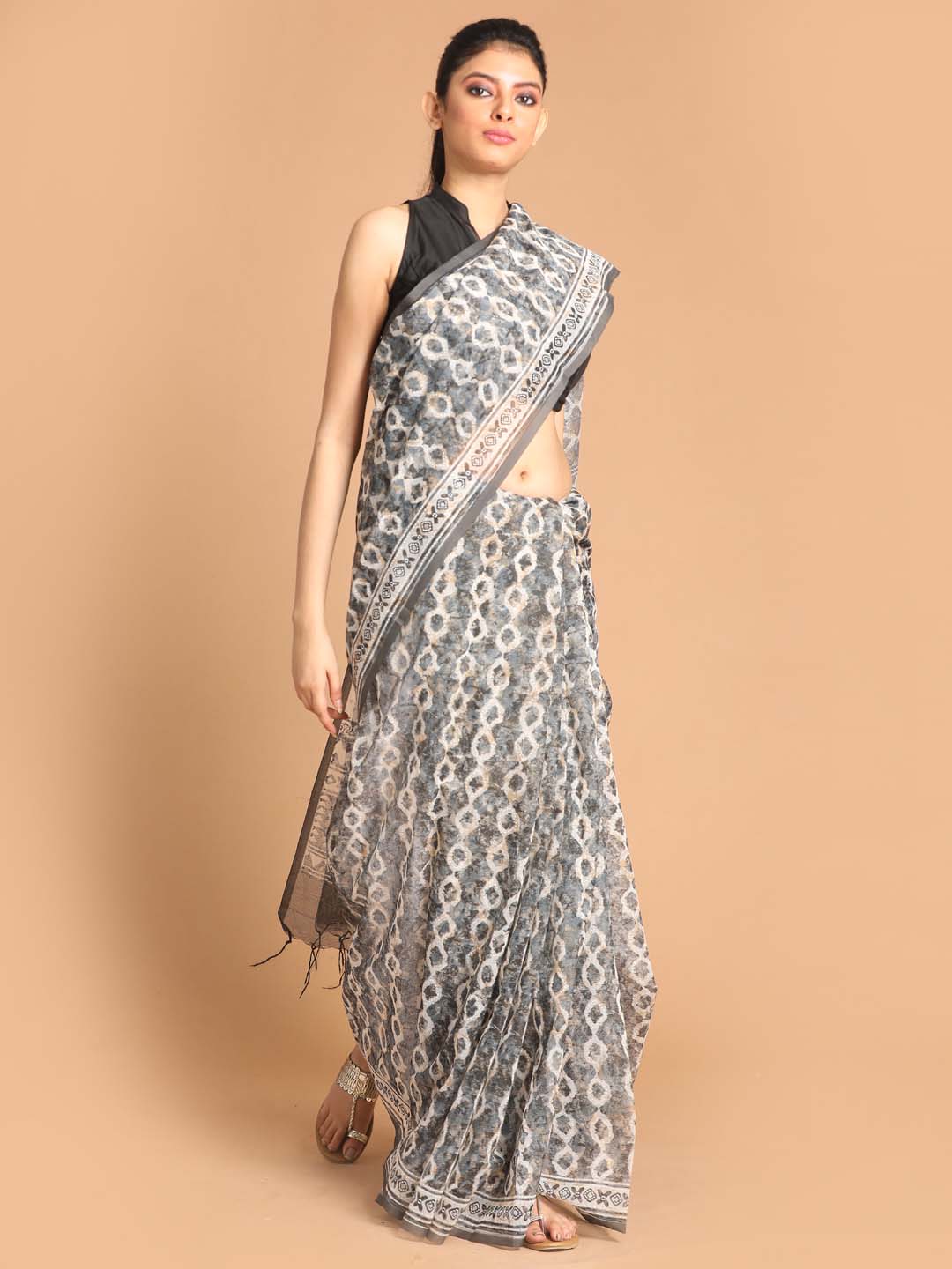 Indethnic Printed Super Net Saree in Grey - View 1