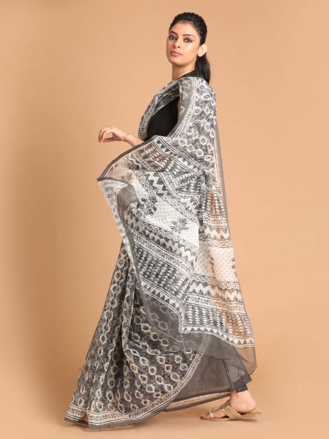 Indethnic Printed Super Net Saree in Grey - View 2