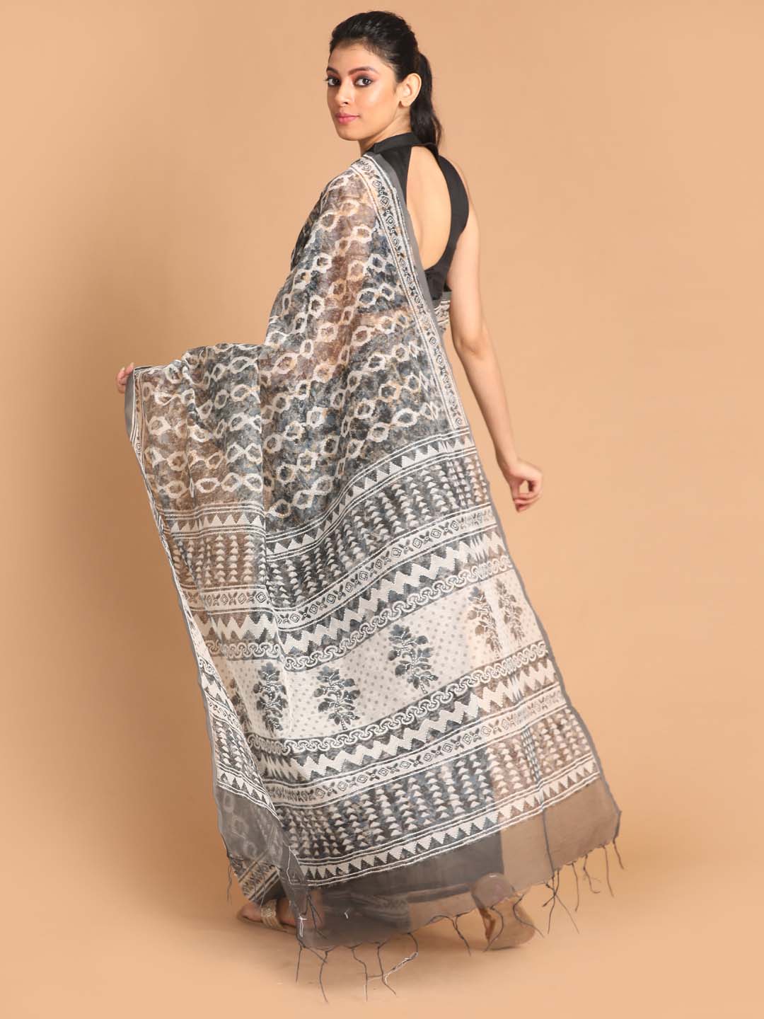 Indethnic Printed Super Net Saree in Grey - View 3