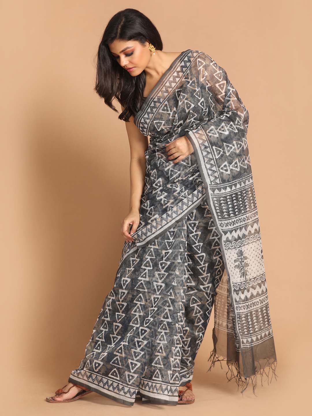 Indethnic Printed Super Net Saree in Grey - View 1