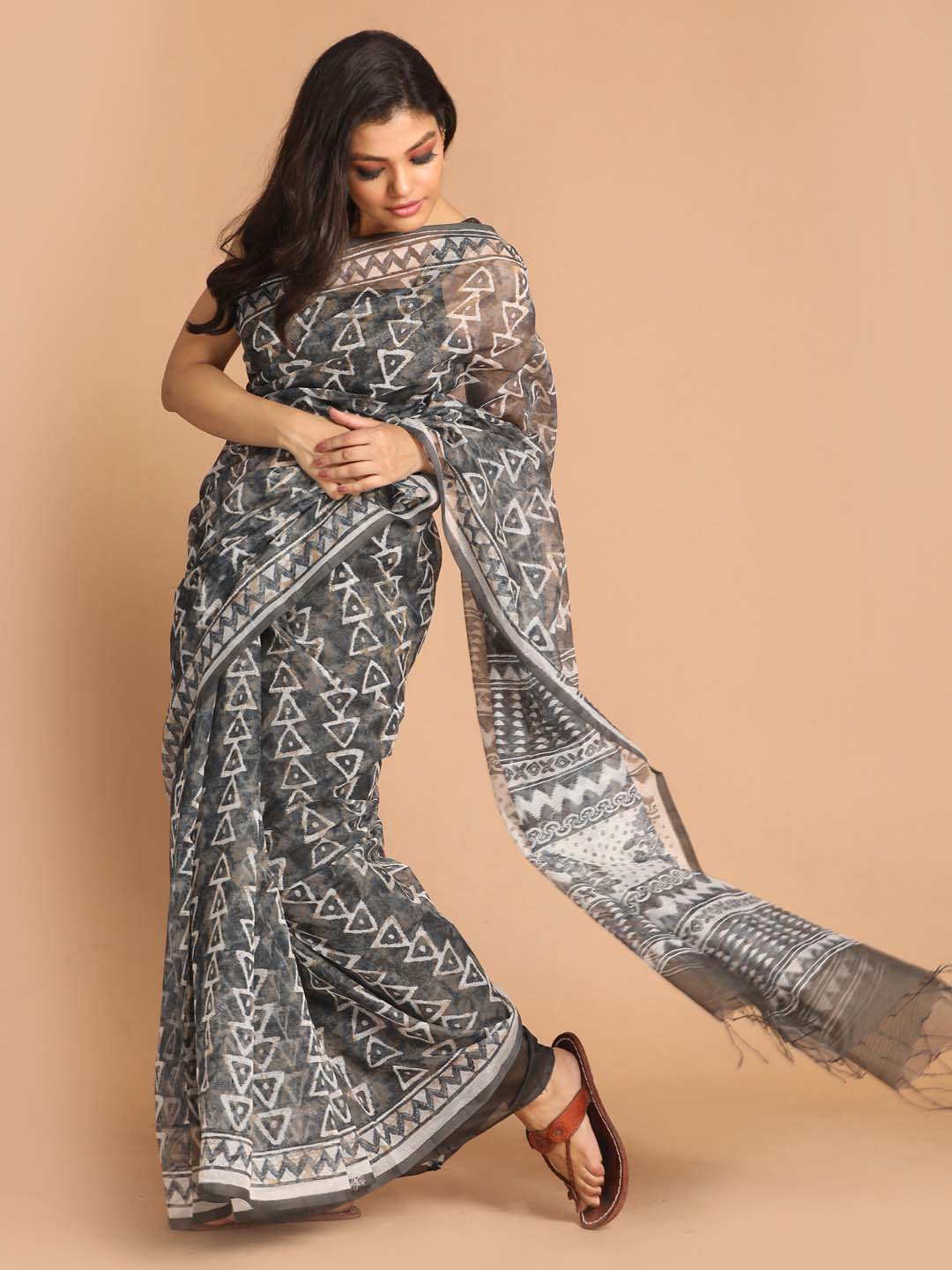 Indethnic Printed Super Net Saree in Grey - View 2