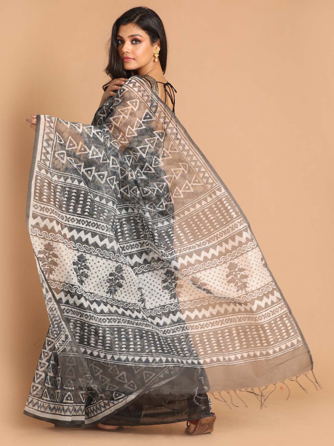 Indethnic Printed Super Net Saree in Grey - View 3