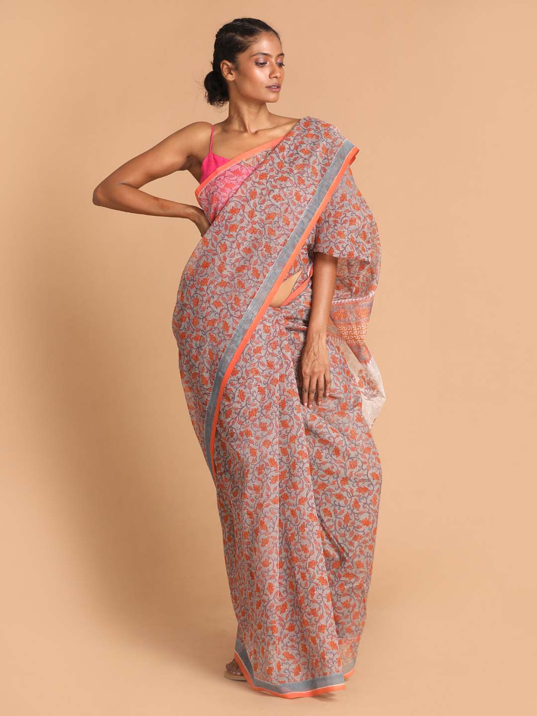 Indethnic Printed Super Net Saree in Grey - View 1