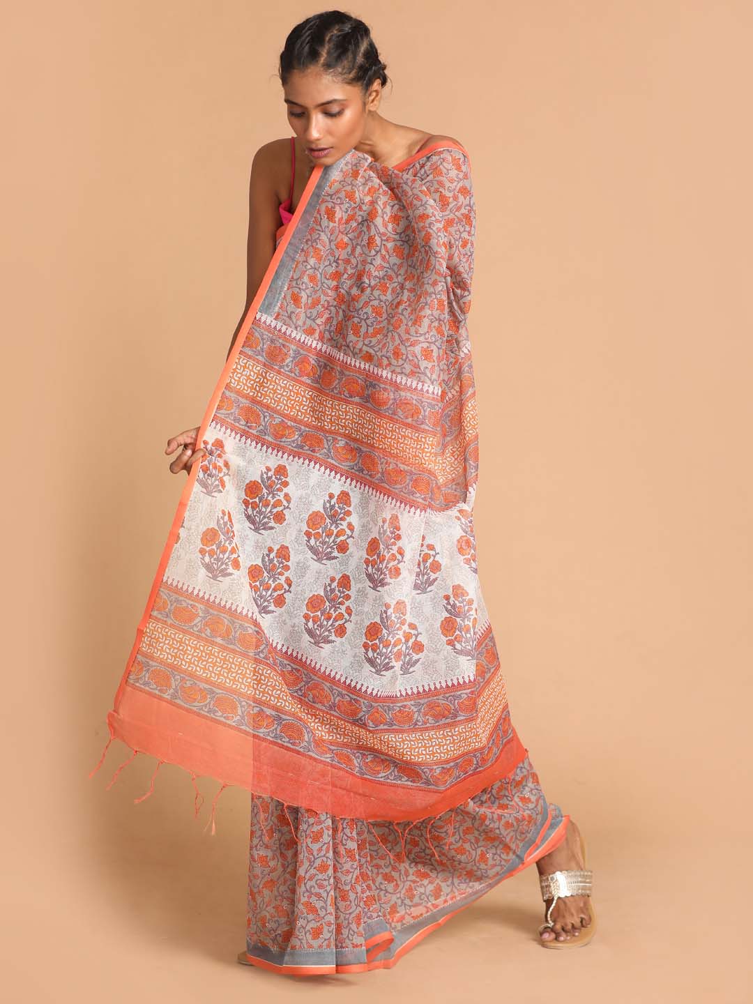 Indethnic Printed Super Net Saree in Grey - View 2