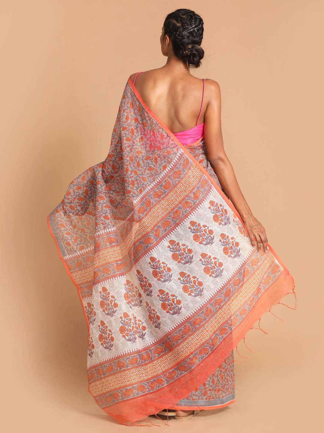 Indethnic Printed Super Net Saree in Grey - View 3