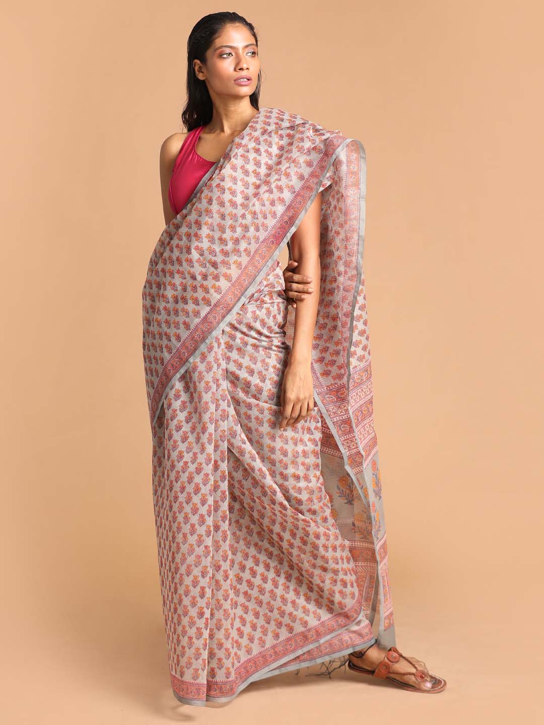 Indethnic Printed Super Net Saree in Grey - View 1