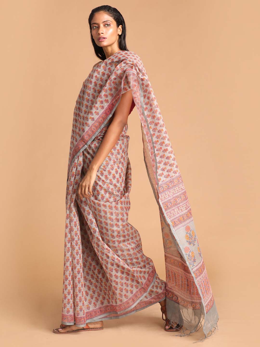 Indethnic Printed Super Net Saree in Grey - View 2