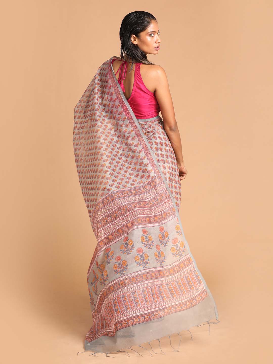 Indethnic Printed Super Net Saree in Grey - View 3