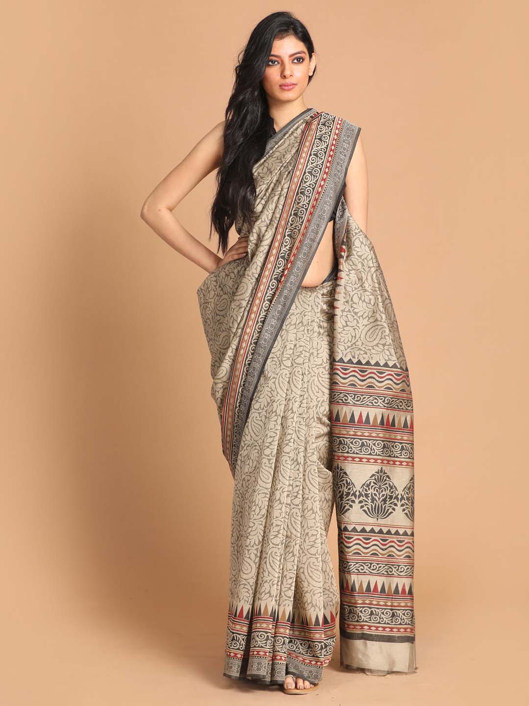 Indethnic Printed Cotton Blend Saree in Grey - View 1