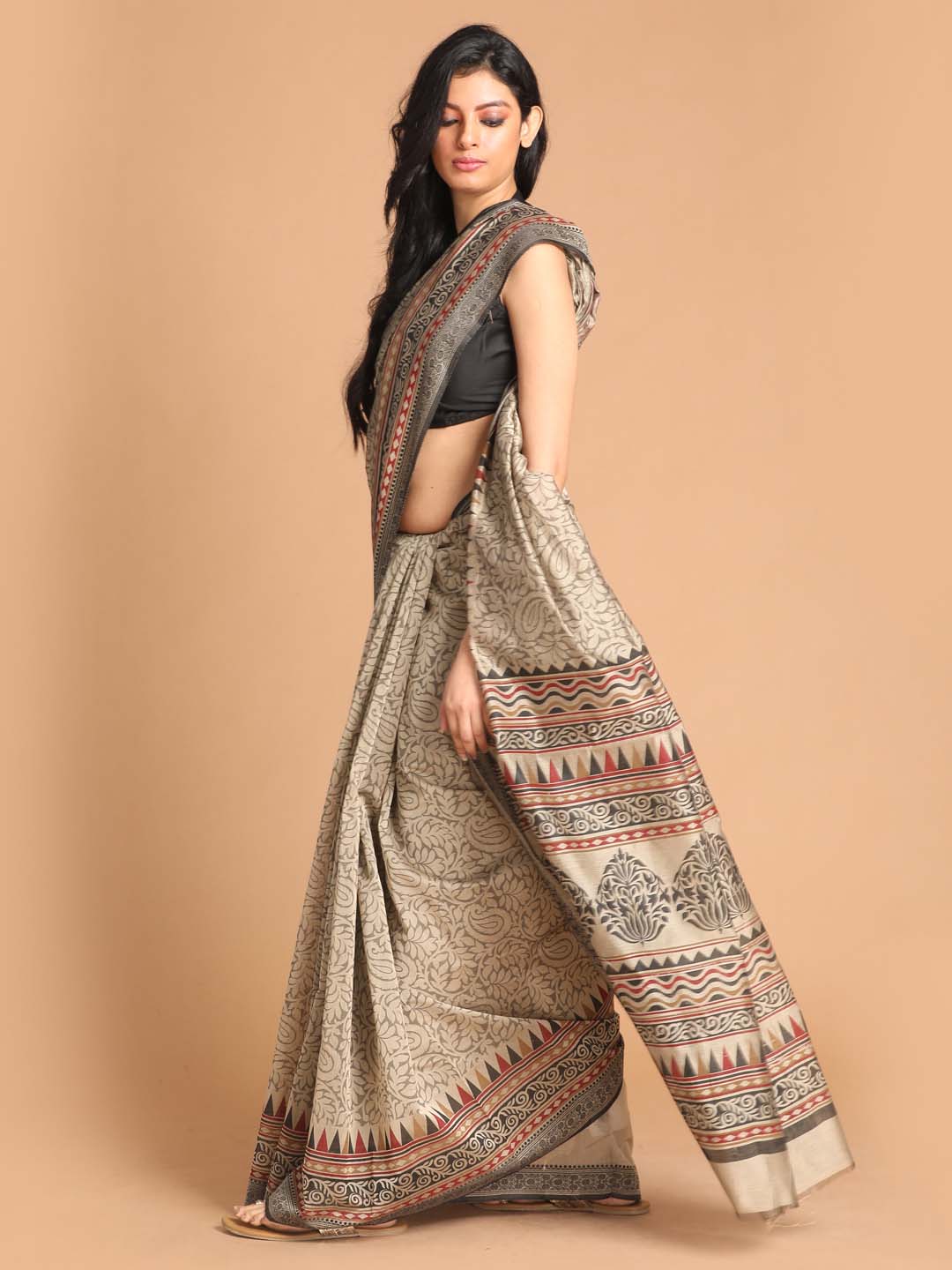 Indethnic Printed Cotton Blend Saree in Grey - View 2