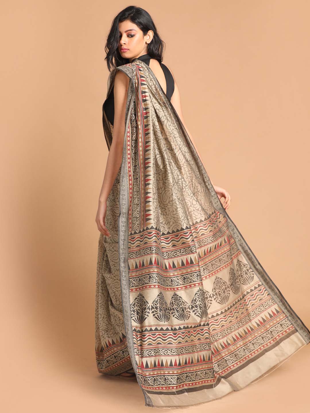 Indethnic Printed Cotton Blend Saree in Grey - View 3