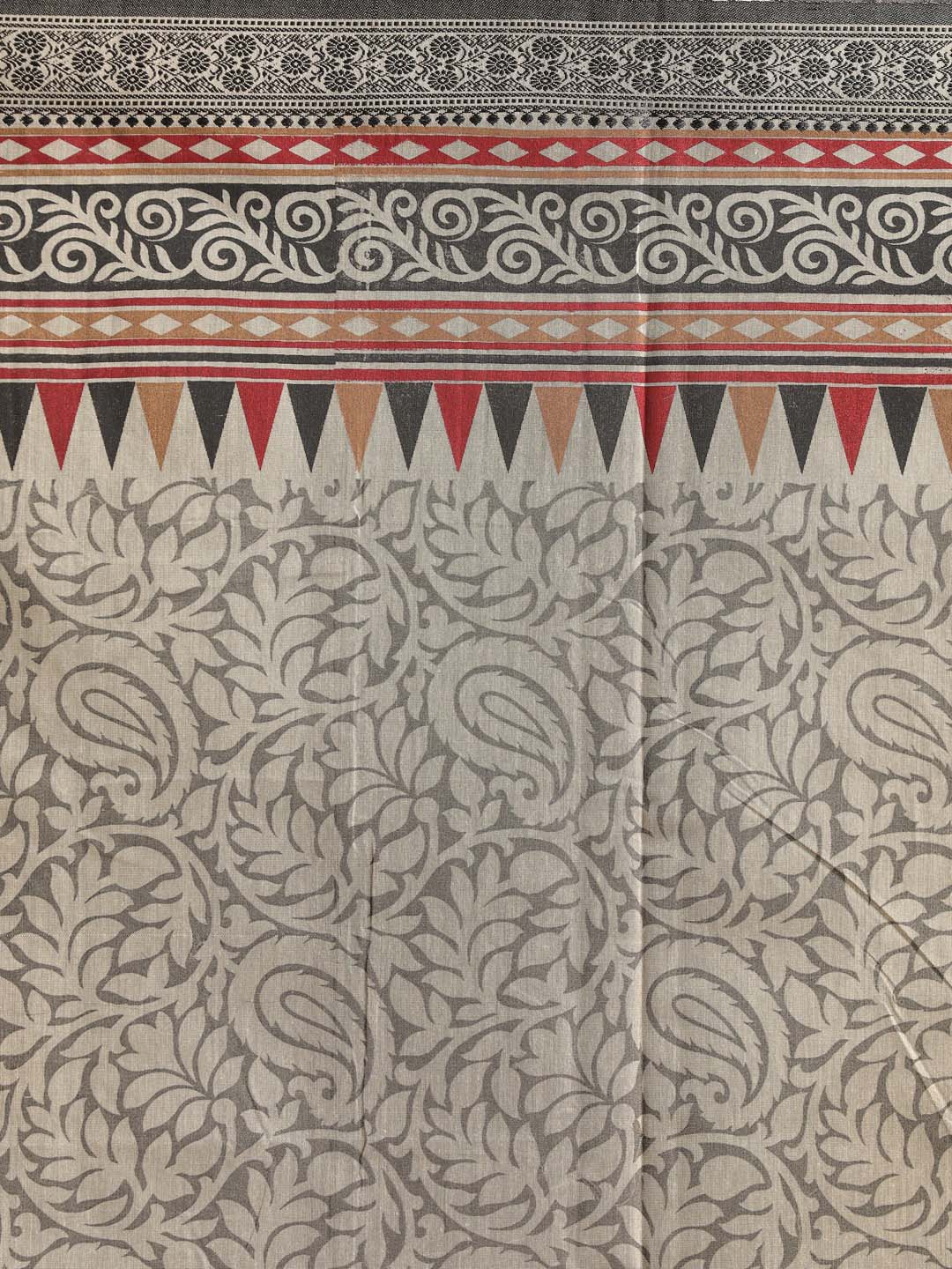Indethnic Printed Cotton Blend Saree in Grey - Saree Detail View