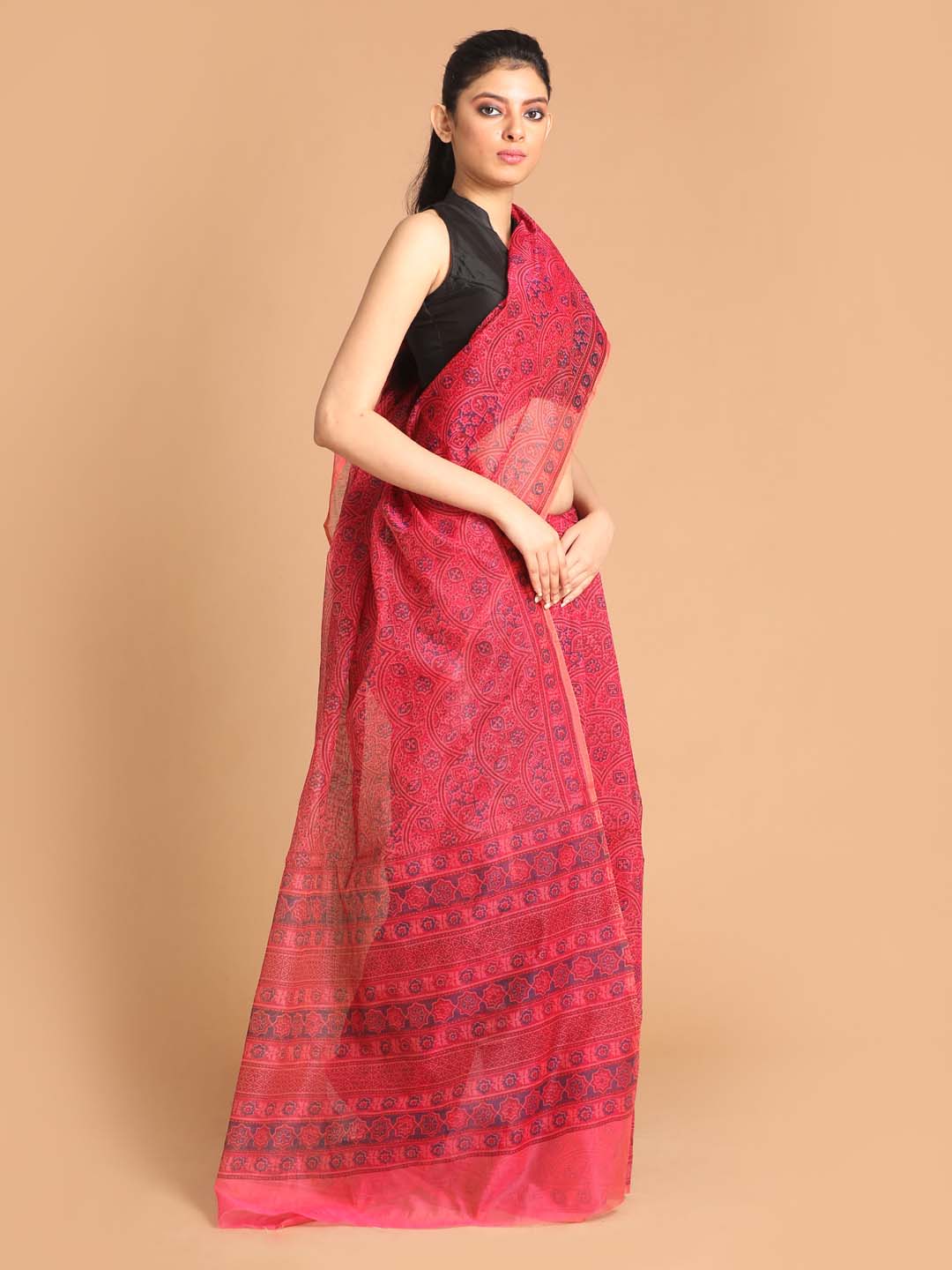 Indethnic Printed Super Net Saree in Magenta - View 2