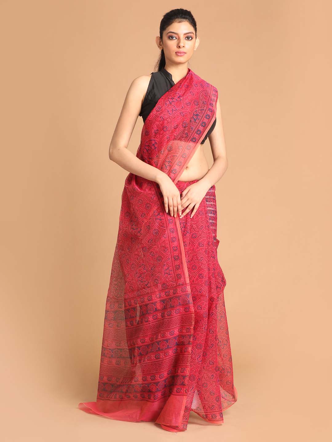 Indethnic Printed Super Net Saree in Magenta - View 1