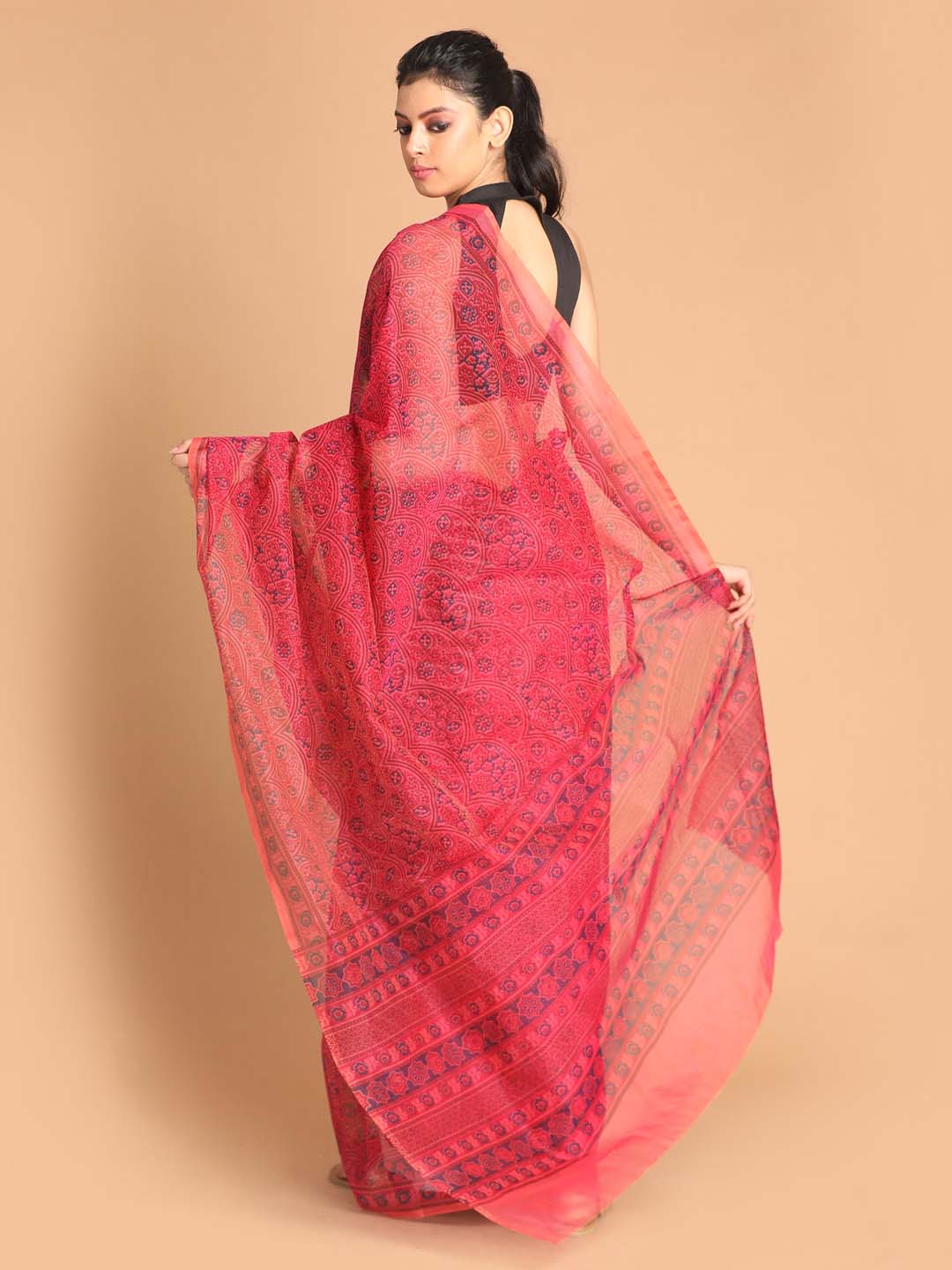 Indethnic Printed Super Net Saree in Magenta - View 3