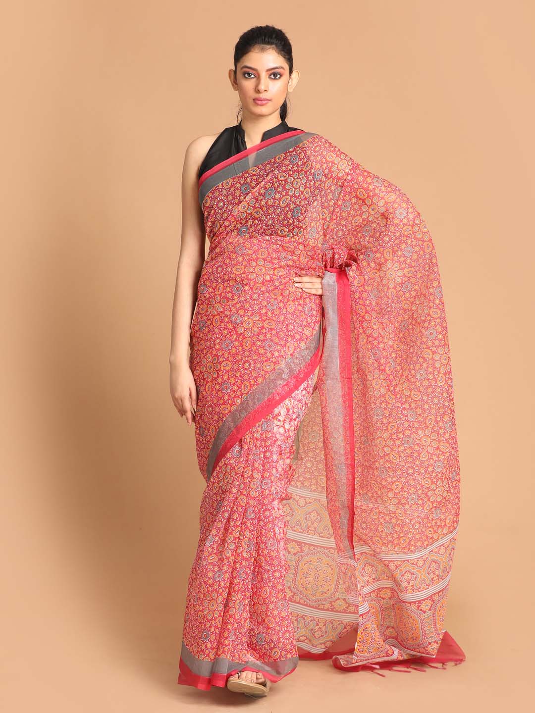 Indethnic Printed Super Net Saree in Magenta - View 1