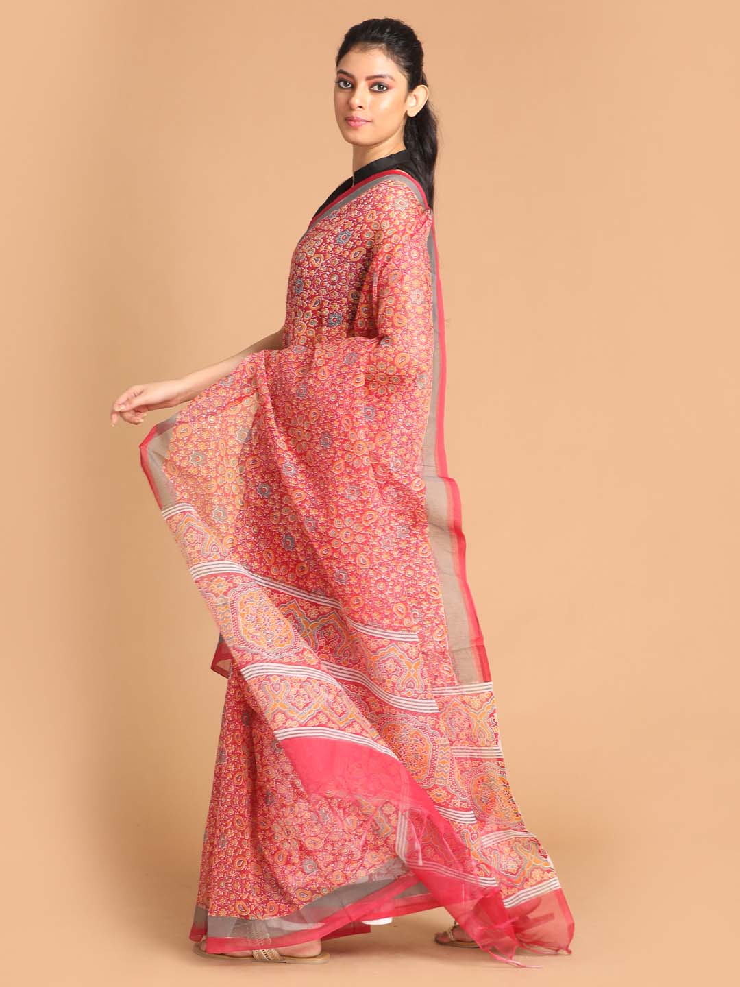 Indethnic Printed Super Net Saree in Magenta - View 2