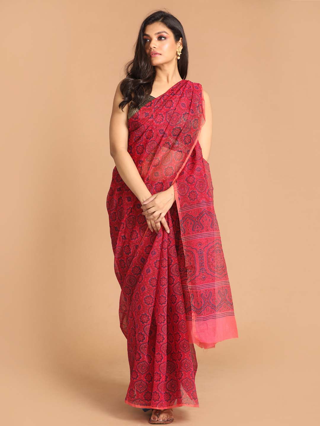 Indethnic Printed Cotton Blend Saree in Magenta - View 1