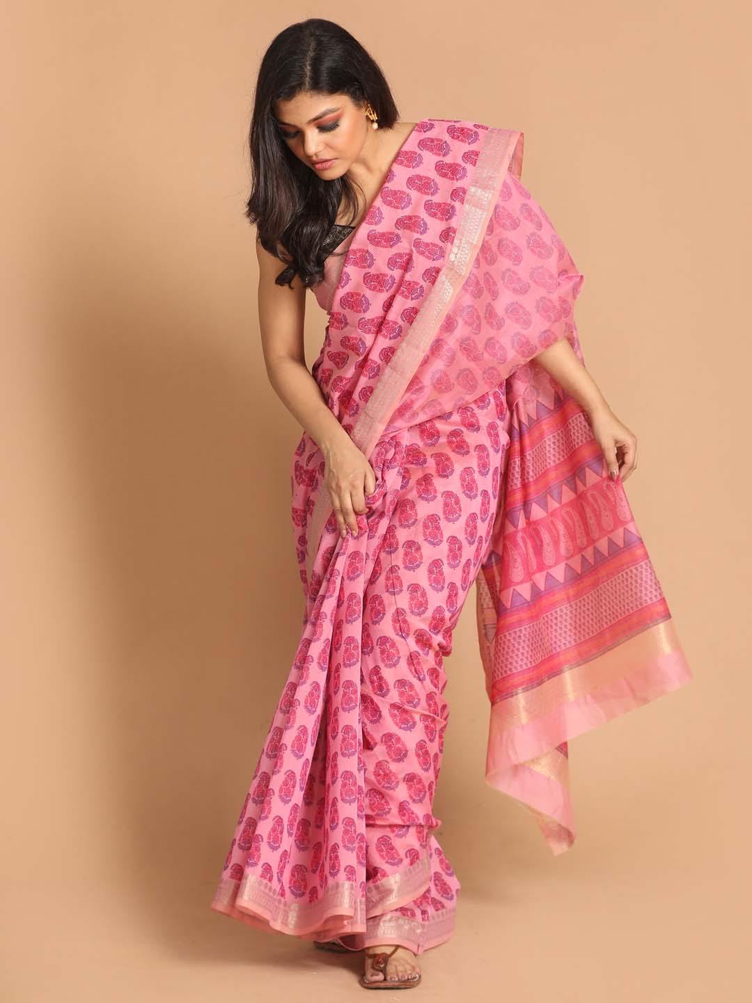 Indethnic Printed Cotton Blend Saree in Magenta - View 1