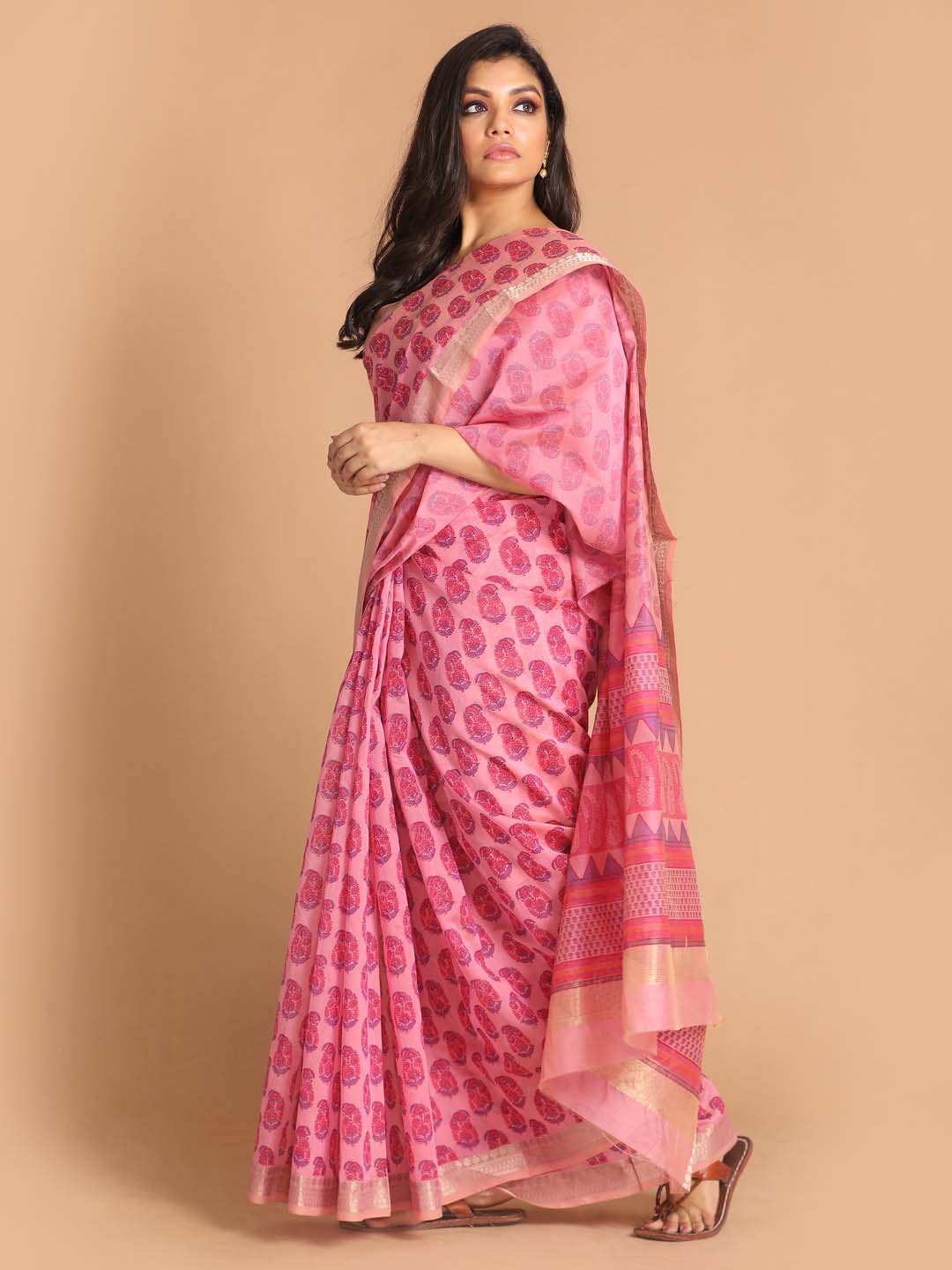 Indethnic Printed Cotton Blend Saree in Magenta - View 2