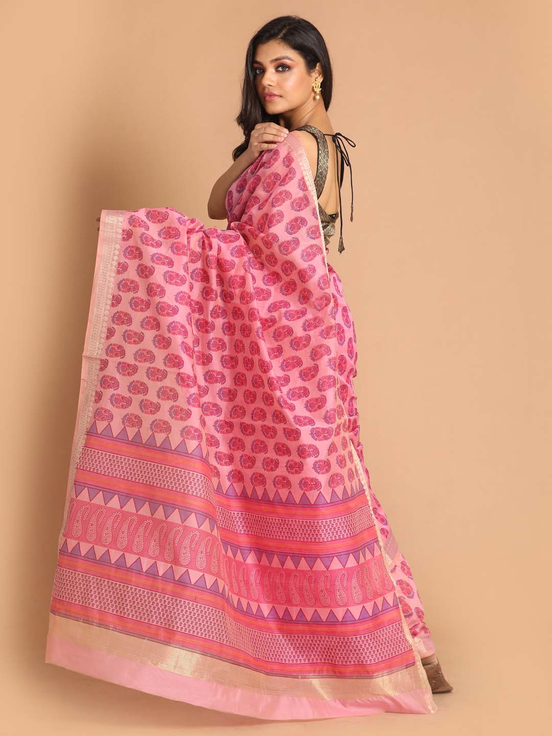 Indethnic Printed Cotton Blend Saree in Magenta - View 3