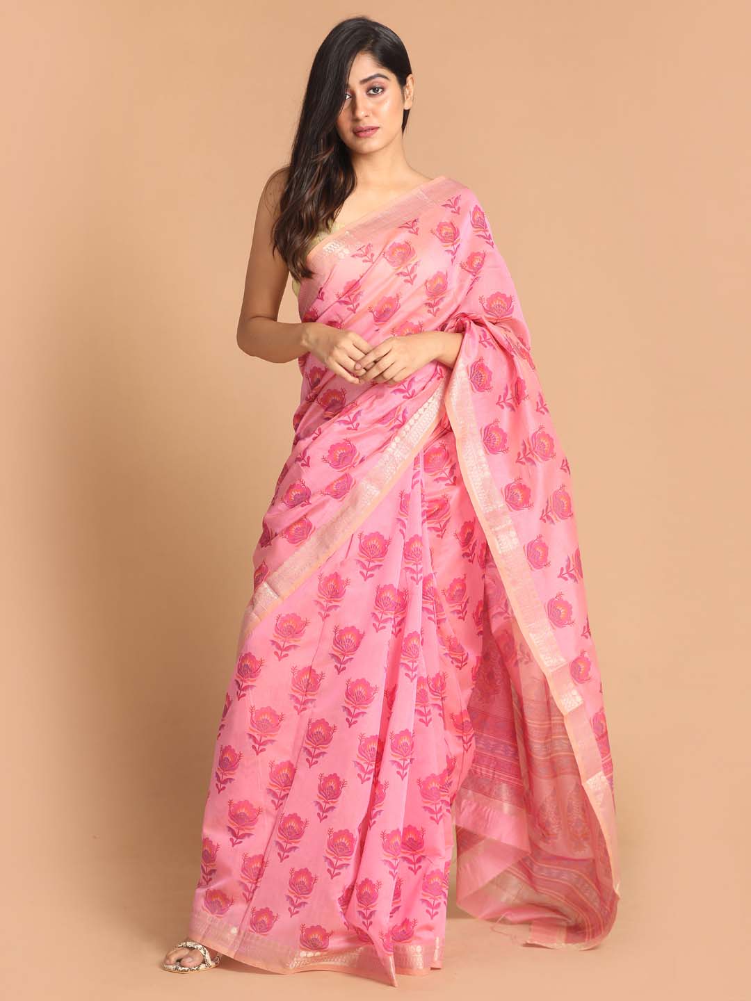 Indethnic Printed Cotton Blend Saree in Magenta - View 1