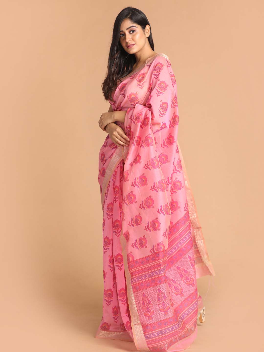 Indethnic Printed Cotton Blend Saree in Magenta - View 2