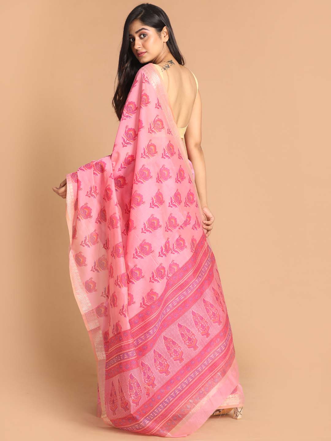 Indethnic Printed Cotton Blend Saree in Magenta - View 3