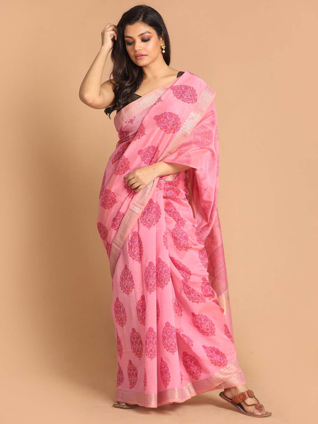 Indethnic Printed Cotton Blend Saree in Magenta - View 1