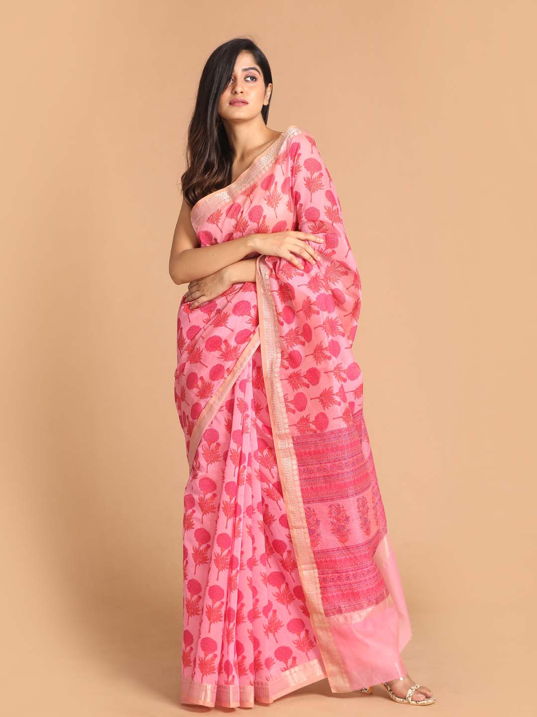 Indethnic Printed Cotton Blend Saree in Magenta - View 1