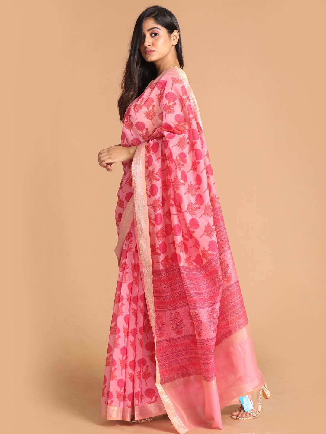 Indethnic Printed Cotton Blend Saree in Magenta - View 2