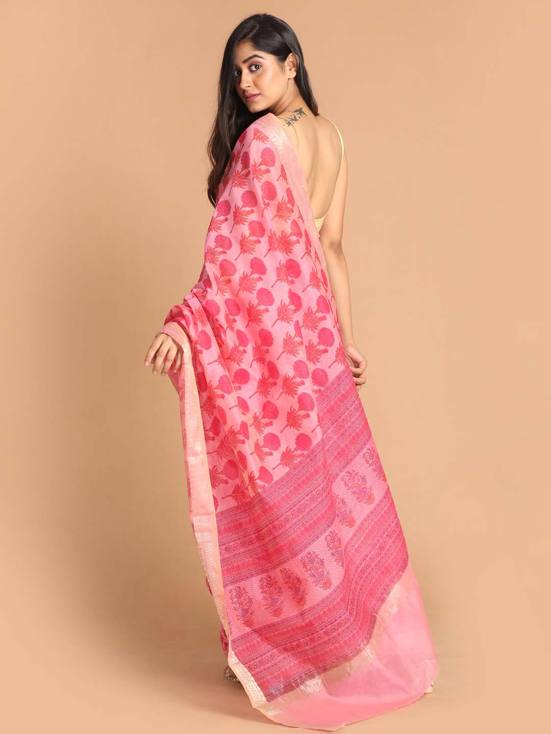 Indethnic Printed Cotton Blend Saree in Magenta - View 3