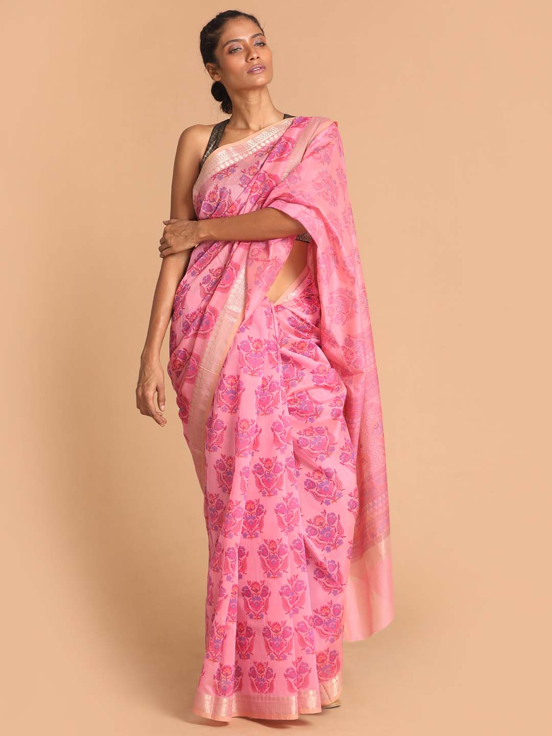 Indethnic Printed Cotton Blend Saree in Magenta - View 1