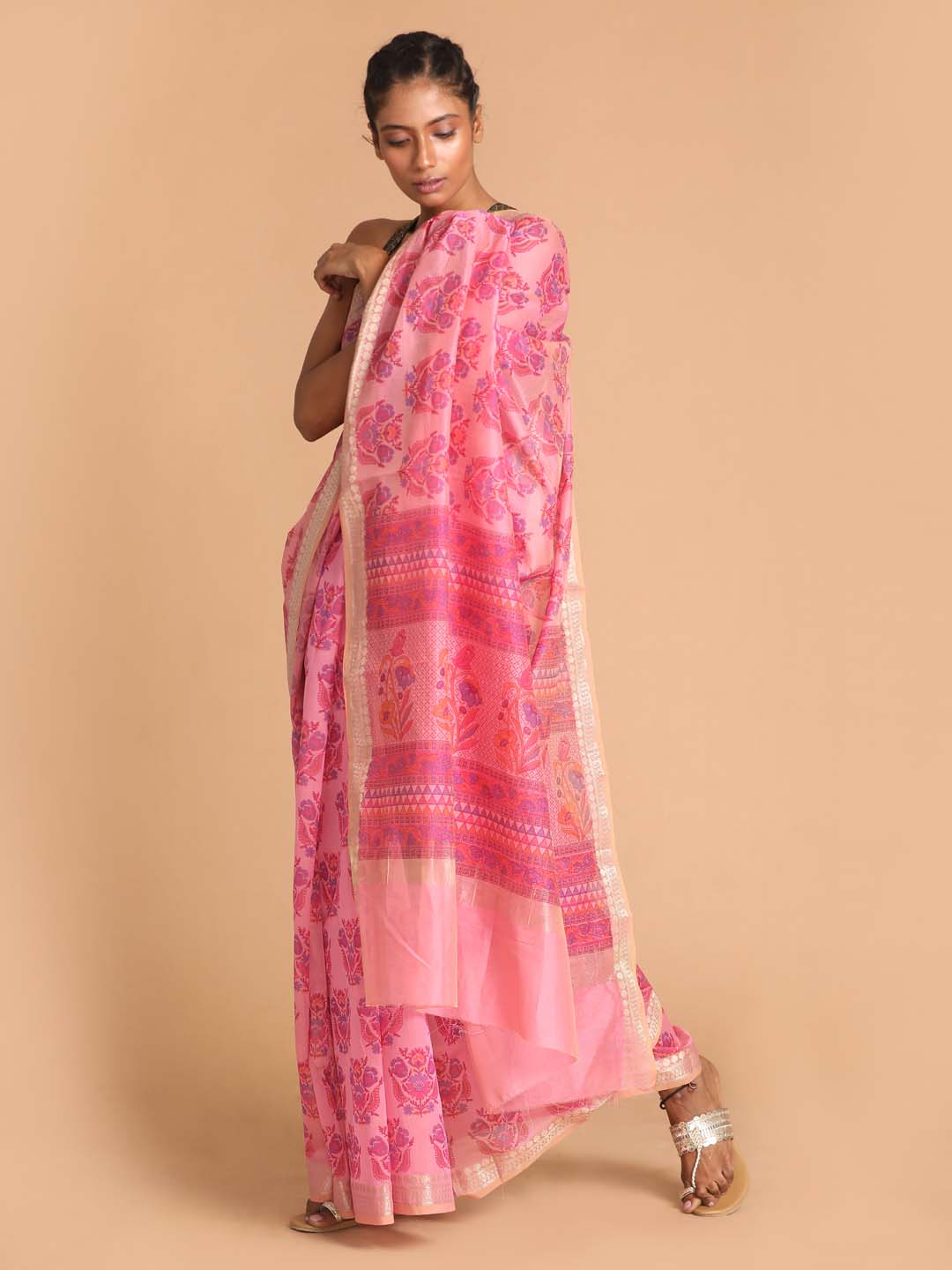 Indethnic Printed Cotton Blend Saree in Magenta - View 1