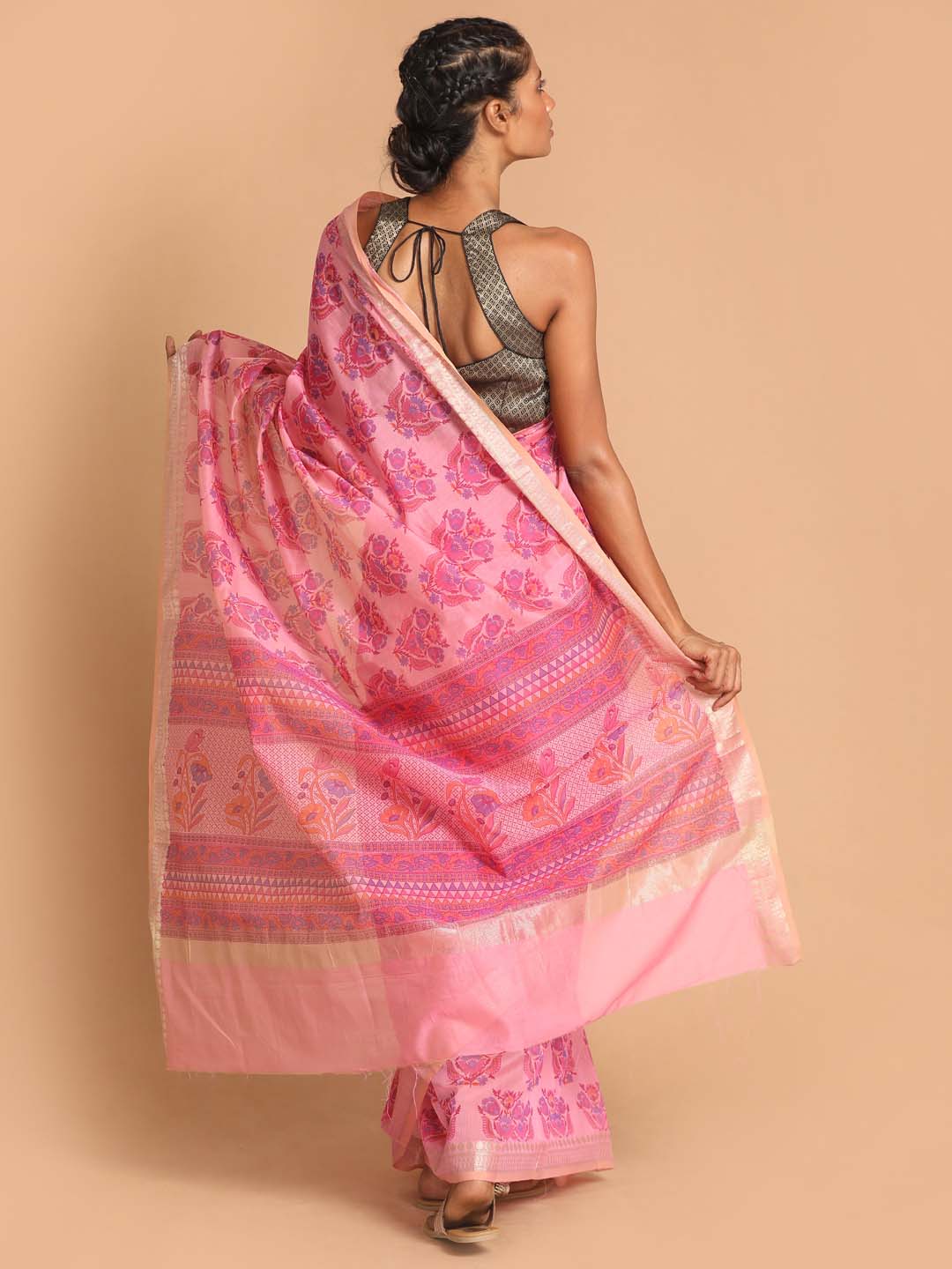 Indethnic Printed Cotton Blend Saree in Magenta - View 3