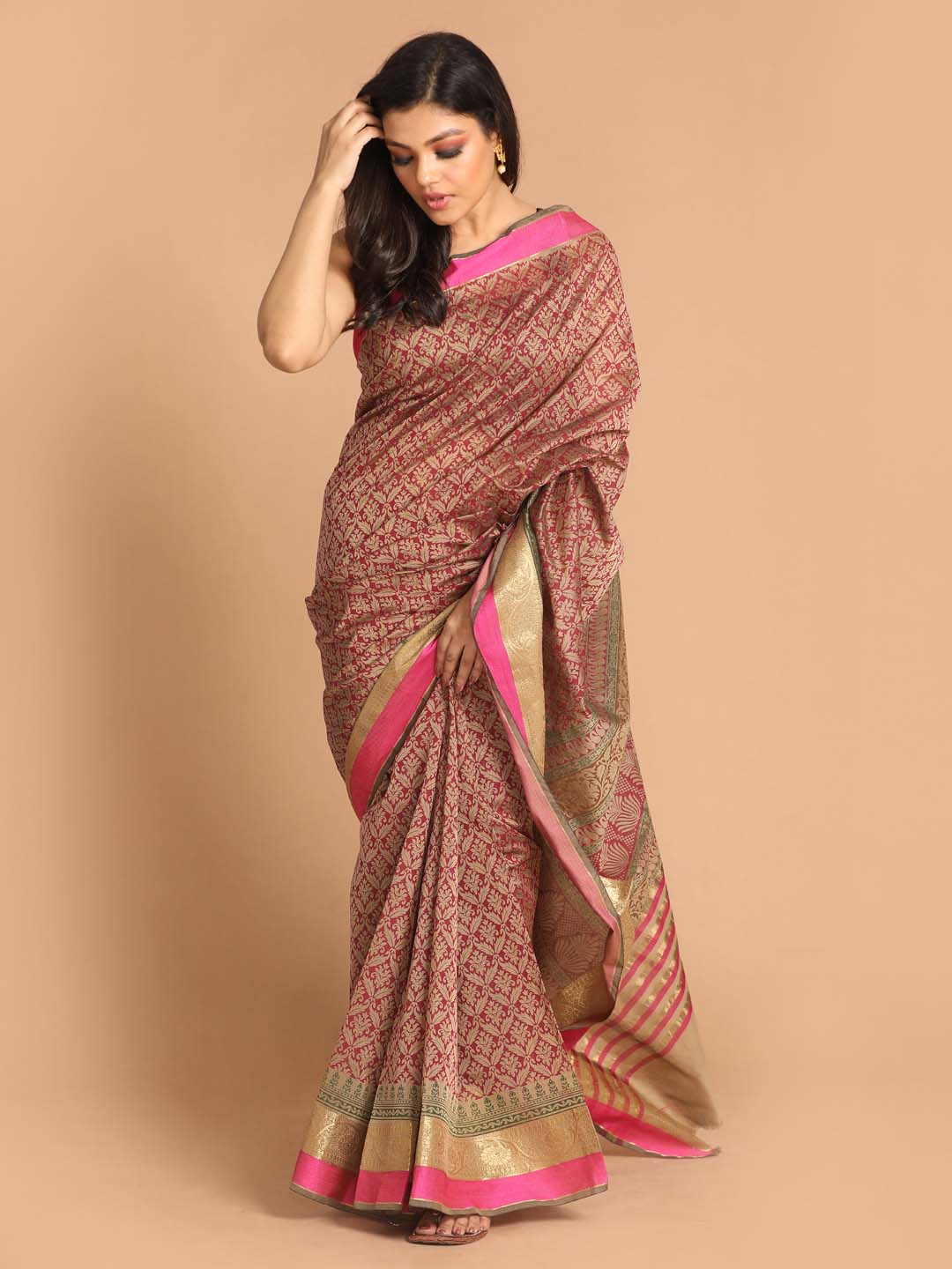 Indethnic Printed Cotton Blend Saree in Magenta - View 1