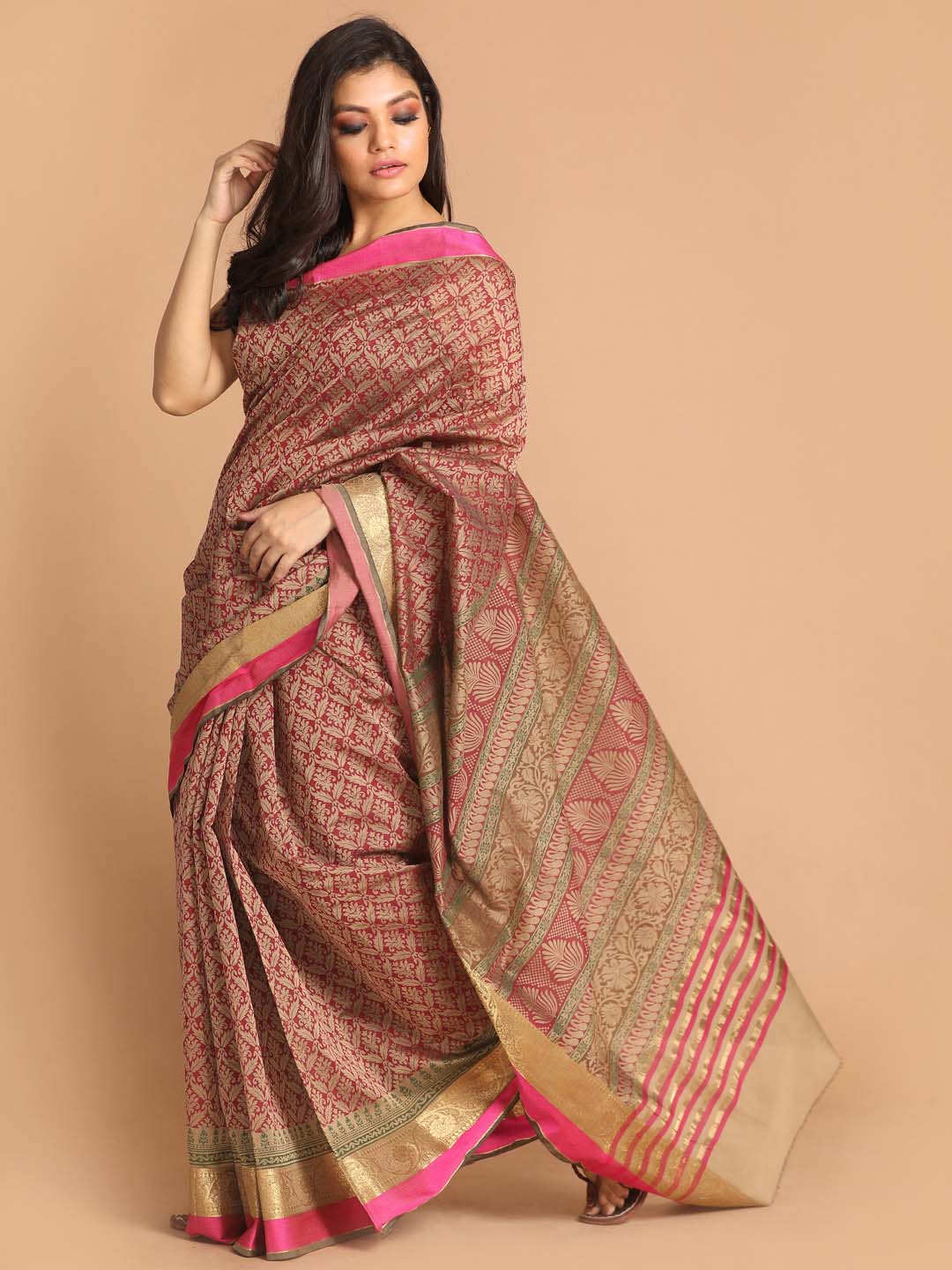 Indethnic Printed Cotton Blend Saree in Magenta - View 2