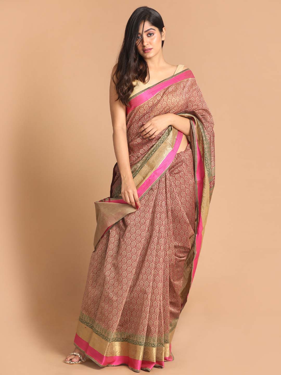 Indethnic Printed Cotton Blend Saree in Magenta - View 1