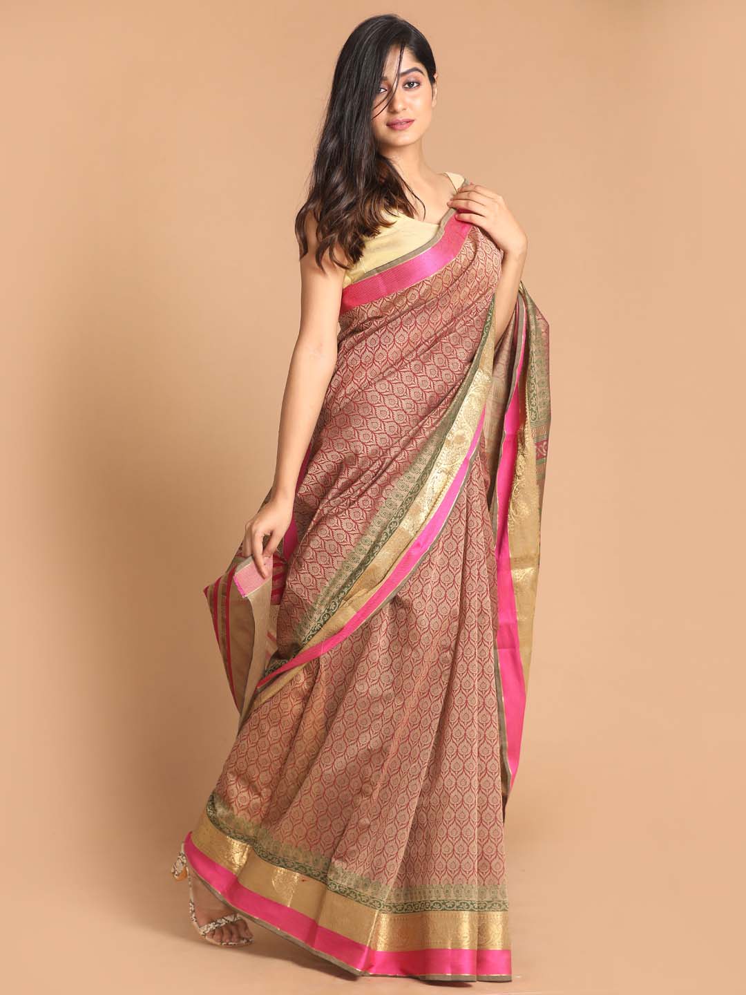 Indethnic Printed Cotton Blend Saree in Magenta - View 2