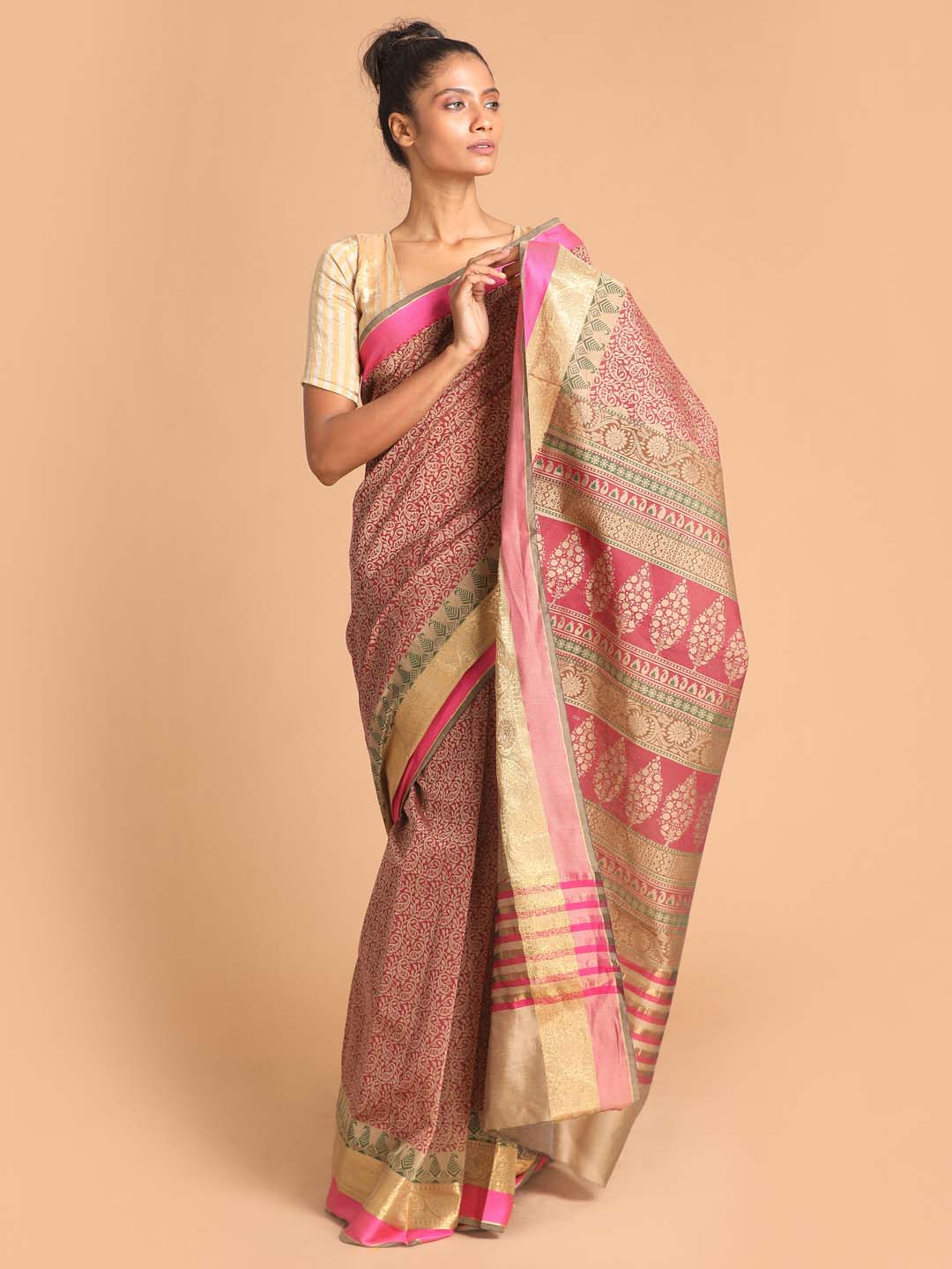 Indethnic Printed Cotton Blend Saree in Magenta - View 1