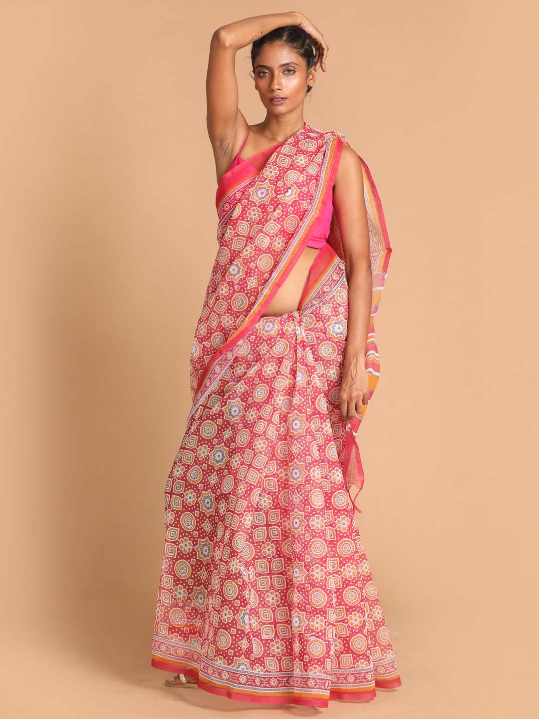 Indethnic Printed Super Net Saree in Maroon - View 1