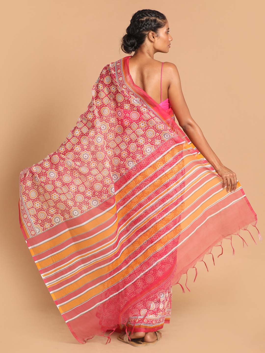 Indethnic Printed Super Net Saree in Maroon - View 3