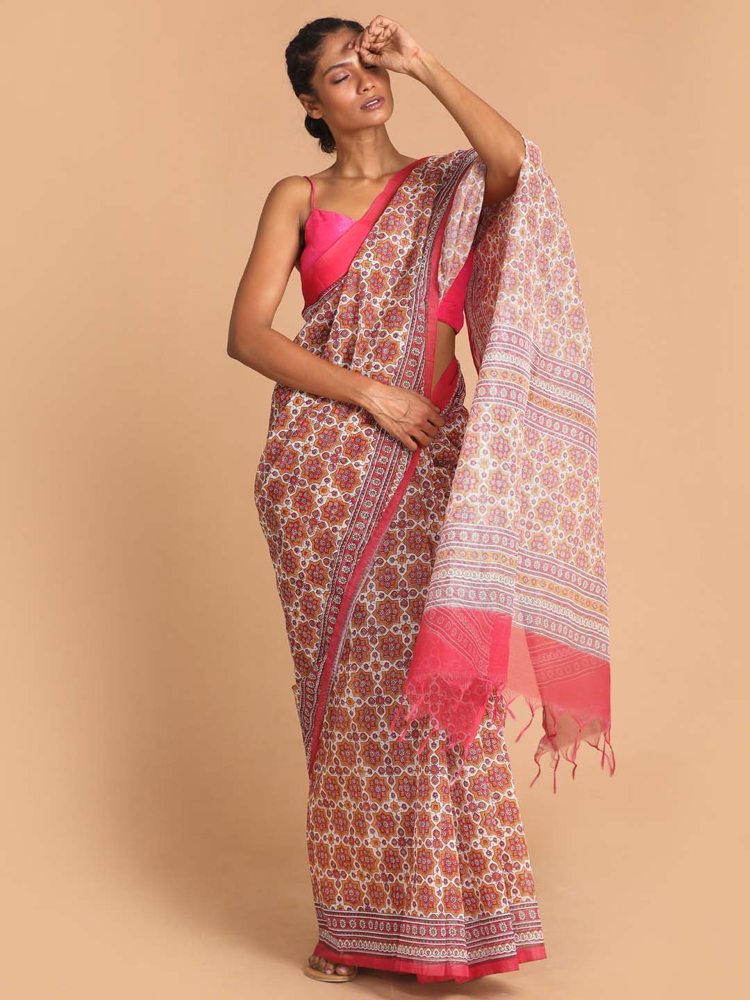 Indethnic Printed Super Net Saree in Maroon - View 1