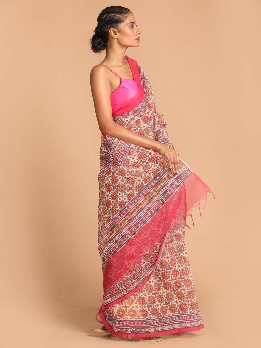 Indethnic Printed Super Net Saree in Maroon - View 2