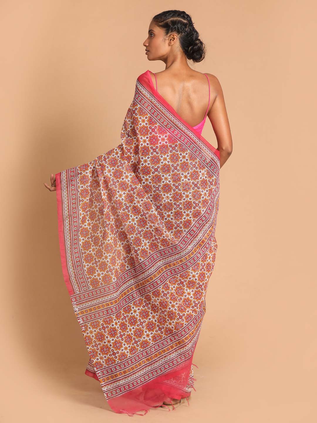 Indethnic Printed Super Net Saree in Maroon - View 3