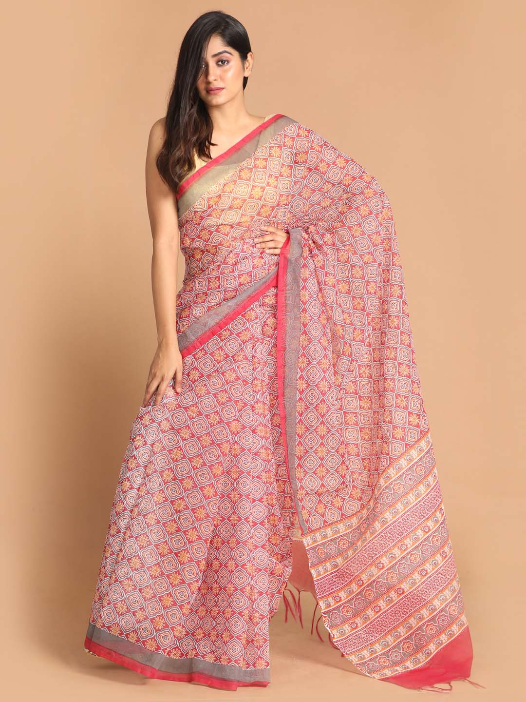 Indethnic Printed Super Net Saree in Maroon - View 1