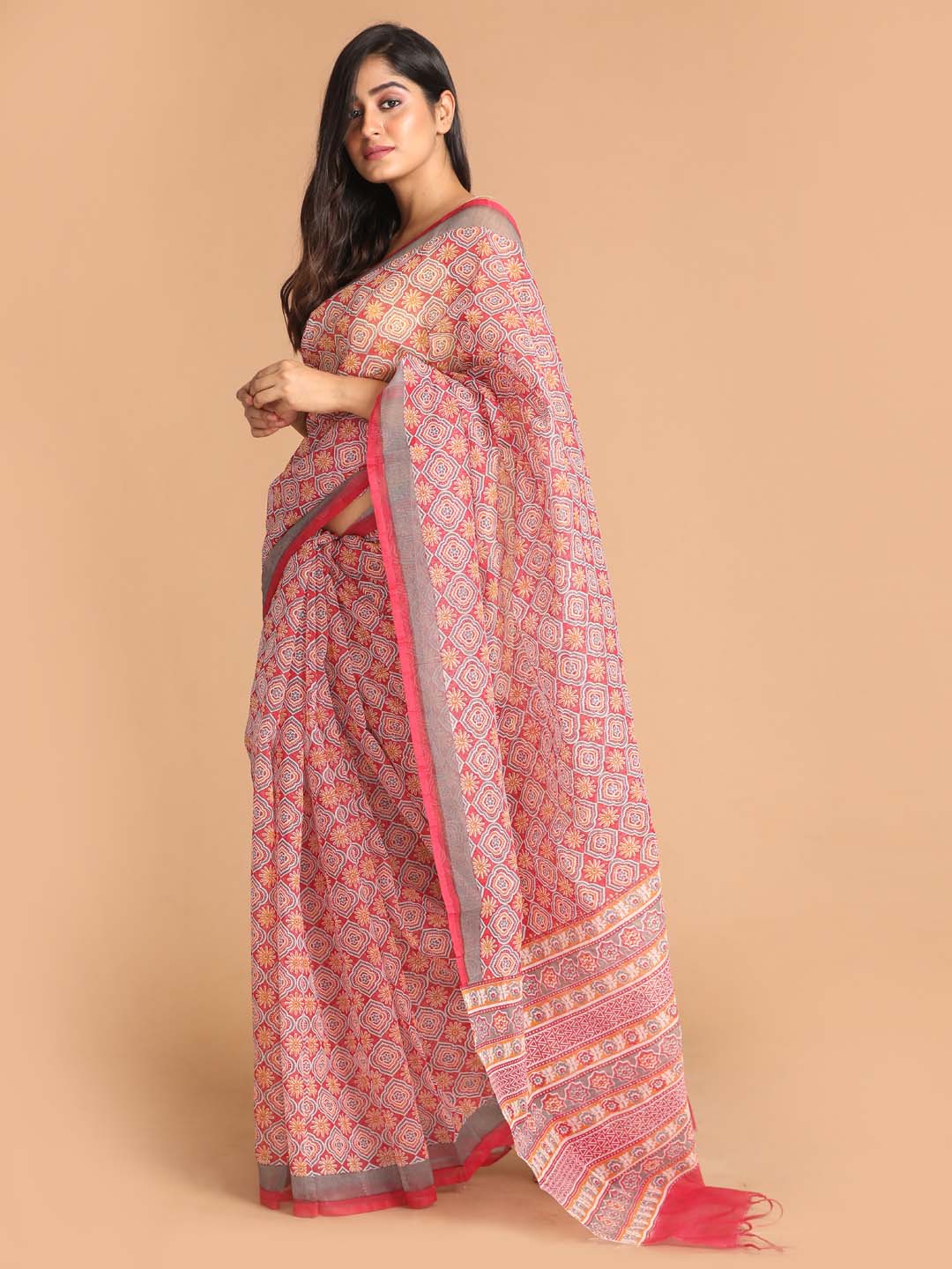 Indethnic Printed Super Net Saree in Maroon - View 2