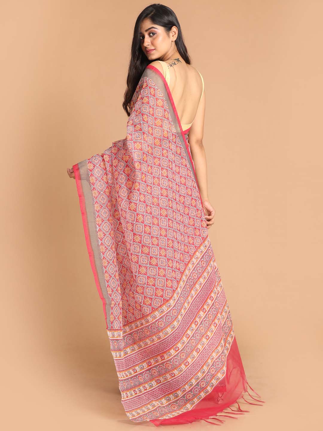 Indethnic Printed Super Net Saree in Maroon - View 3