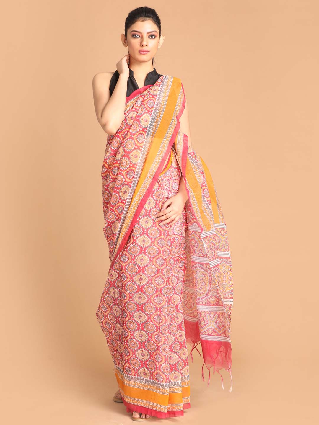 Indethnic Printed Super Net Saree in Maroon - View 1