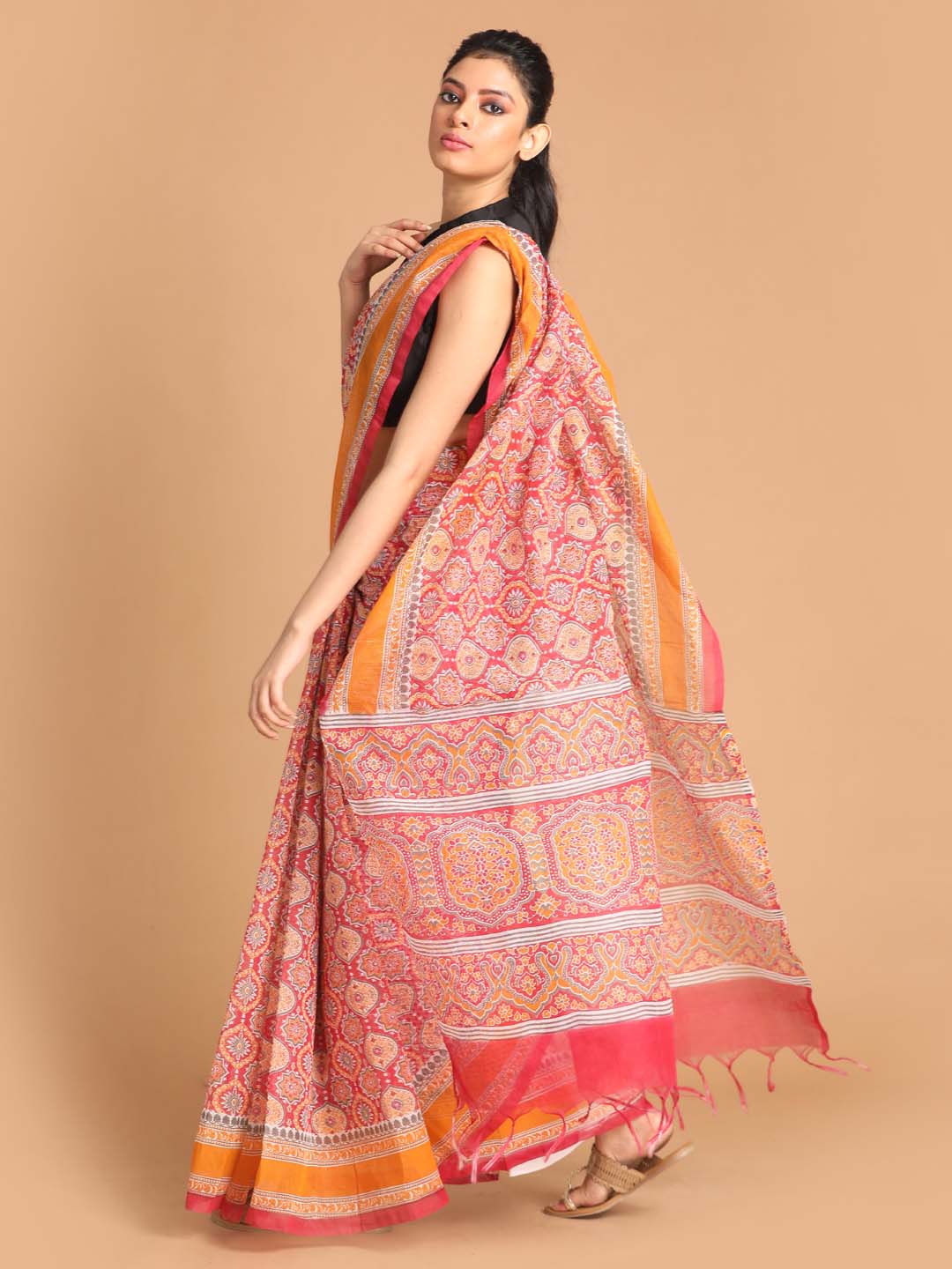 Indethnic Printed Super Net Saree in Maroon - View 2